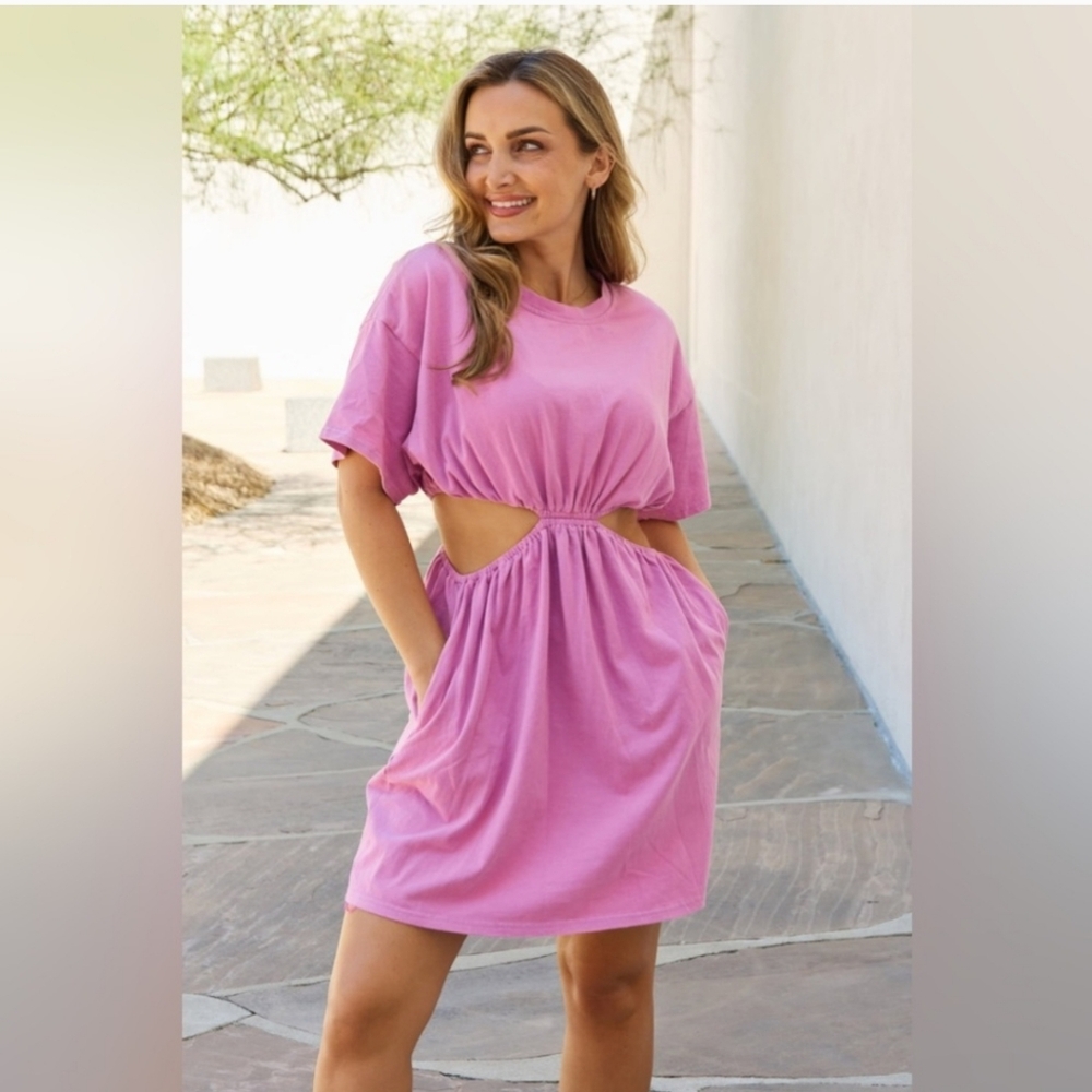 New Cutout Short Sleeve Mini Dress Pink